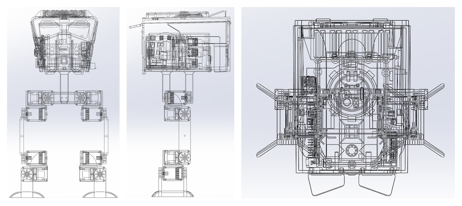 Front, right, and top wireframe engineering views of the full robot model.
