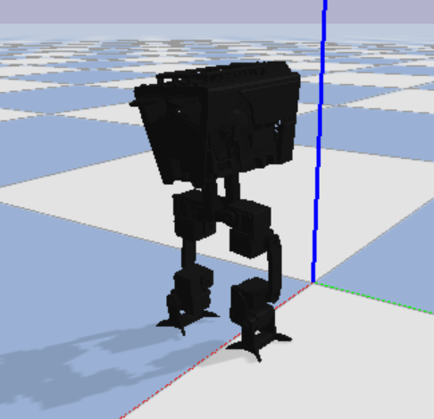 The robot’s URDF loaded in PyBullet, a dark robot model standing on a checkered ground plane with colored axis lines.