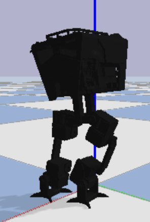 The robot model mid-stride in the PyBullet simulator, one leg swinging forward.